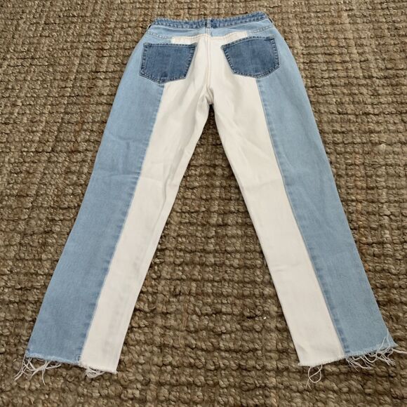 Pacsun Mom Jeans Size 25 High Rise Light Wash / White Two Tone Denim Raw Hem - Picture 3 of 7